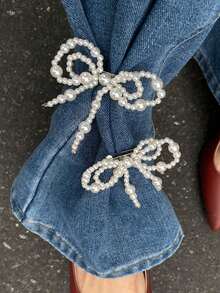 2pcs Faux Pearl Bow Pants Chain Decor, Fashionable Metal Brooch Pants Accessory, Versatile Multifunctional Women Brooch Pin - White - View 3