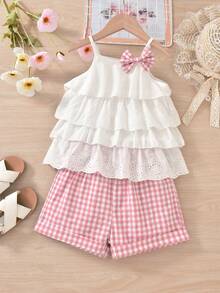 Bộ đồ nghỉ mát 2 món ren bèo nhún dễ thương cho bé gái và quần short - Màu Hồng baby - Xem 1