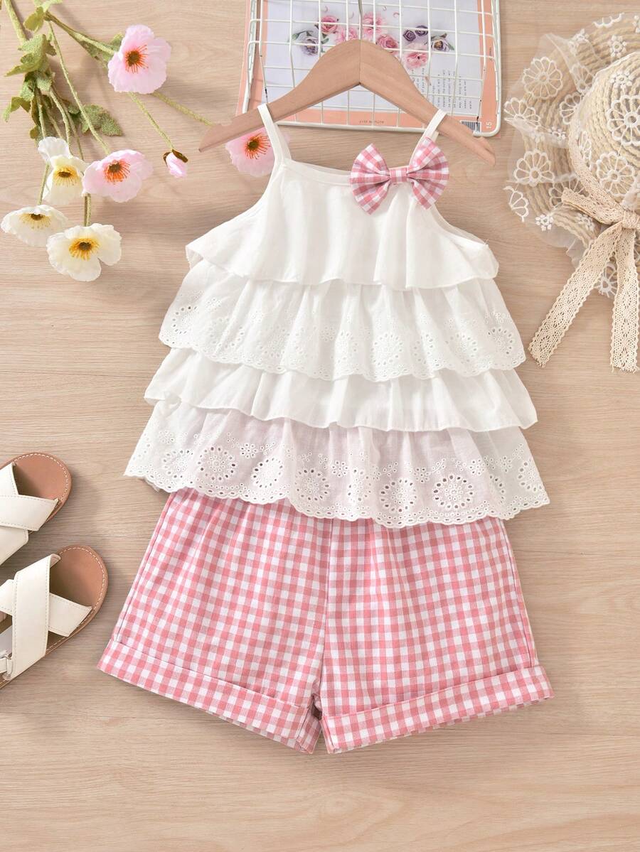 Bộ đồ nghỉ mát 2 món ren bèo nhún dễ thương cho bé gái và quần short - Màu Hồng baby - Xem 1