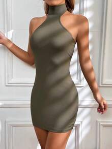 Vestido mini ajustado sin espalda con cuello halter para mujer, vestido de verano de punto acanalado sin mangas para fiesta o club - 58947-57 - Ver 2