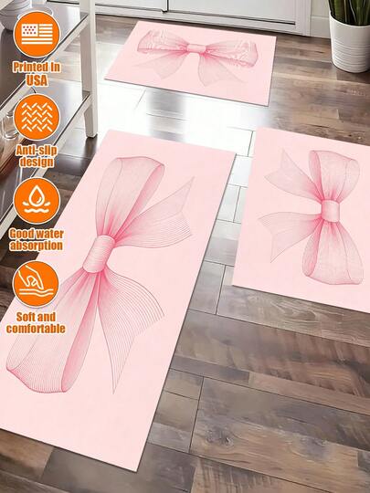 Cute And Sweet Pink Bow Pattern3 Sets Of Kitchen Mat Set, Gifts For Women, Kitchen Floor Mat. Using 2D Digital Printing Technology, Featuring Water Absorption And Anti-Slip Properties, Kitchen Drying Mat,Available In Various Sizes. Suitable For Shopping Centers, Restaurants, Kitchen Carpets, Bathrooms, Laundry Room,Living Rooms, Bedrooms, Corridors, Balconies, Outdoor Doors, Door Mats, Entrance Mats, Anti-Slip Mats, Offices, Cafes, Piano Rooms For Floor Decoration.Suitable For All Seasons, Washable, Machine Washable, Comfortable, Unique, Suitable For Her, Family Members, Girlfriend, Mother, Lover, Daughter, Grandmother, Teacher, Doctor, Nurse, Friend, Classmate, Pet. Can Be Used As Birthday Gifts, Household Items, Wedding Items, Souvenirs, Home Decorations, Office Decorations, Anniversary, Valentine's Day, Thanksgiving, Graduation Season, Christmas, Halloween, Mother's Day, Wedding, New Year Gift Decorations Rugs