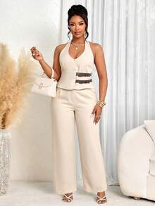 BIUBIU Conjunto de Dos Piezas con Cuello Halter Elegante para Mujer Talla Grande, Top sin Mangas y Espalda Descubierta con Detalle de Hebilla, Perfecto para Ocasiones Elegantes - Albaricoque - Ver 4