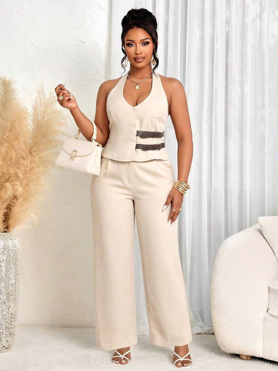BIUBIU Stylish Plus Size Halter Neck Co-Ords For Women, Sleeveless Backless Top With Buckle Detail, Perfect For Chic Occasions Elegant - Apricot - View 1