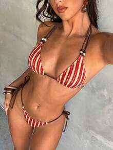 女士两件套休闲性感波西米亚风镂空串珠露背抽绳泳衣套装，适合海滩、晚宴约会、度假、生日派对等场合。 - 彩色 - 查看 3