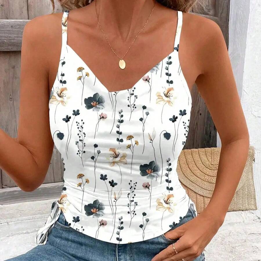 Top Halter con Estampado Floral y Cordón Ajustable para Mujer, Estilo Casual para Vacaciones de Verano - BLANCO - Ver 1