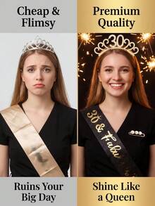 2 Peças Conjunto de Acessórios para o 30º Aniversário, Tiara de Cristal Dourada e Faixa Preta com Glitter e Alfinete de Pérola para Festa de 30 Anos Dela - Visão 6