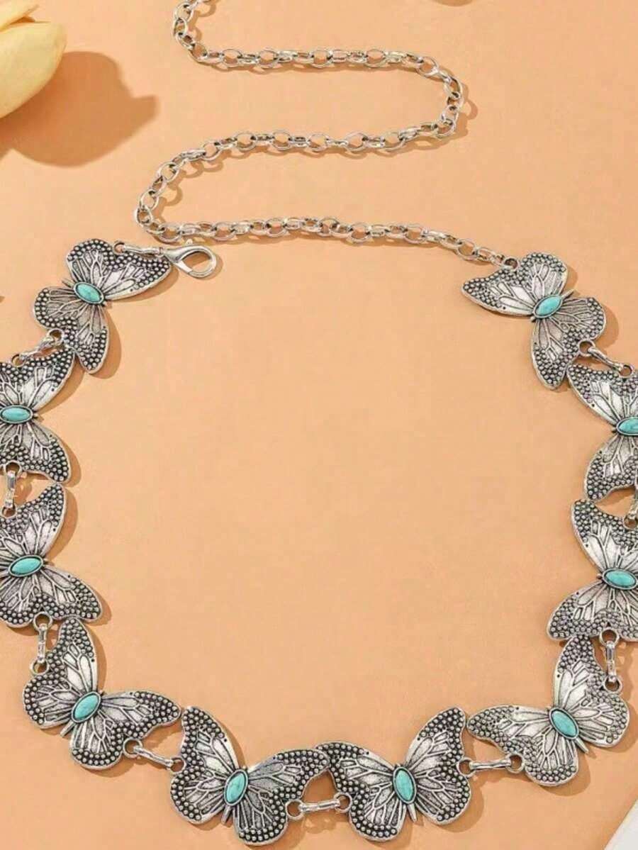 Vintage Turquoise Inlaid Butterfly Waist Chain, Adjustable Metal Bohemian Chain Belt Summer, School Fall, Autumn, Halloween - Silver - View 1