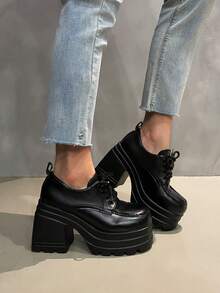 Women's Patent Leather Platform Oxford Shoes, Chunky Block Heel Lace-Up Goth Shoes, Black Platform Pumps - Matte Black - View 2