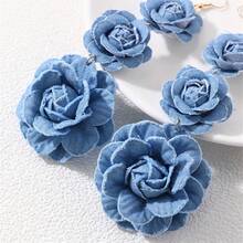 1 Pair Of Handmade Denim Flower Earrings With A Vintage Vibe, Fabric Floral Tassel Earrings, Exaggerated Earrings For Women - Blue - View 3