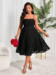 Elegant Plus Size Cami Dress For Women Sleeveless Midi Spaghetti Strap Belted Ruched Woven Party Attire Black - Black - View 4