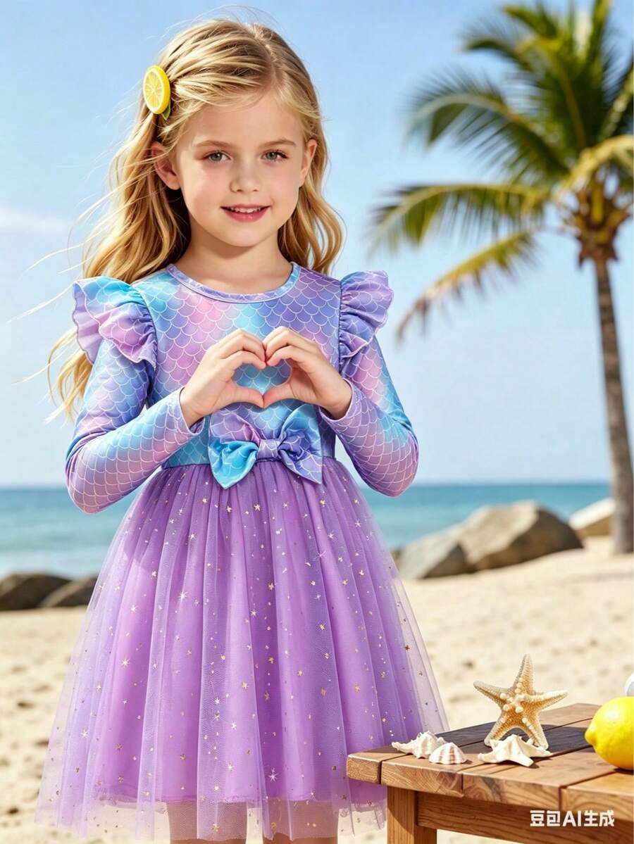 年轻女孩长袖鱼鳞、蝴蝶结和网眼可爱连衣裙 - 淺灰紫 - 查看 1