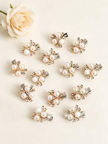 10pcs/Set Rhinestone & Pearl Flower Hair Clips, Elegant Cute Princess Style Duck Clip Hairpins, Side Bangs & Flyaway Hair Accessories - Gold - View 7
