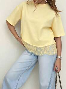 Spring New Solid Color Knit Fabric Lace Patchwork Short Sleeve T-Shirt, Casual, Sports, Office Wear For Spring/Summer - Yellow - View 10
