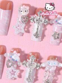 Bộ 24 móng tay giả dán sẵn Sanrio Hello Kitty dáng vuông dài màu hồng kiểu French Tip, trang trí 3D Hello Kitty & Cinnamoroll dễ thương, đính đá, ôm khít ngón, phụ kiện làm móng Hello Kitty cho nữ và bé gái dùng hàng ngày và đi tiệc - Nhiều màu - Xem 3