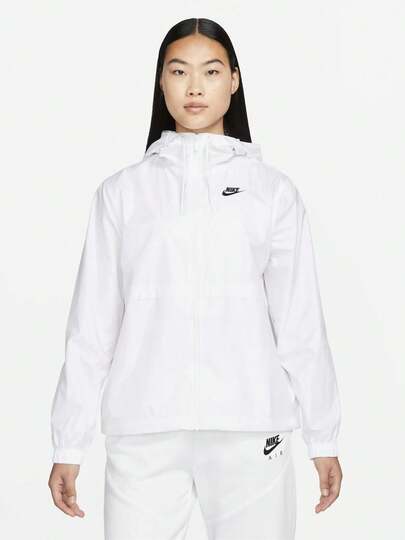  Áo khoác thể thao Nike Sportswear màu trơn, logo, dáng rộng, chống gió, nhẹ, có mũ, chống nắng, dành cho nữ, màu trắng.