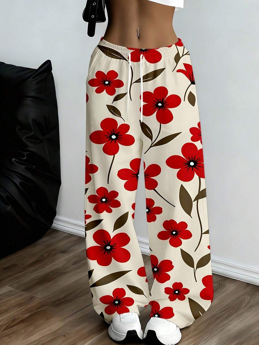 Floral Print Wide Leg Pants With Drawstring Waist Red Flowers Design Comfortable Loose Fit Suitable For Casual And Sports Wear - 白色 - 查看 1