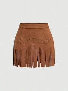 Falda A-Line de ante negro con remaches y flecos estilo hippie vintage para mujer, falda de otoño, atuendos de Nashville, falda de pirata - Marrón - Ver 1