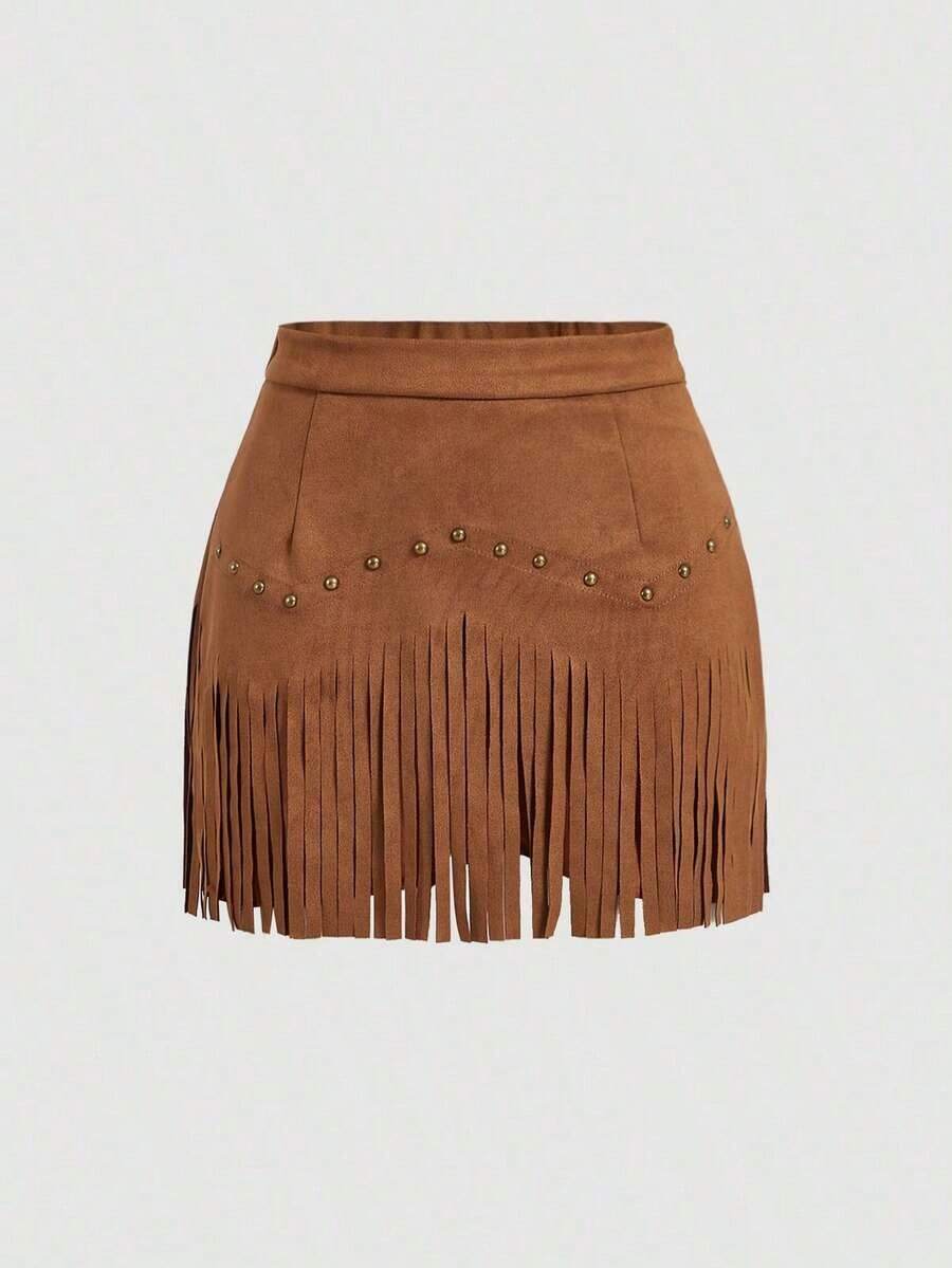 Falda A-Line de ante negro con remaches y flecos estilo hippie vintage para mujer, falda de otoño, atuendos de Nashville, falda de pirata - Marrón - Ver 1