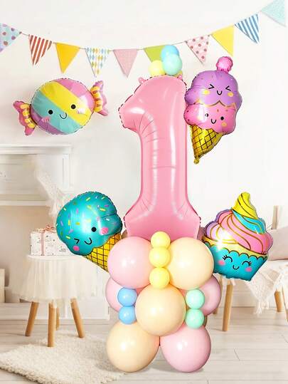 Bộ 34 bóng bay số màu hồng 32 inch, bóng bay số và kem bằng giấy bạc, bóng bay cao su màu macaron, phù hợp cho chủ đề cầu vồng macaron, tiệc sinh nhật cho bé 1-9 tuổi, tiệc mừng em bé, trang trí tiệc kẹo.