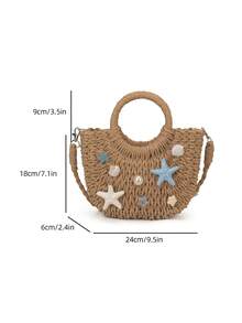 1 pieza de bolso de paja con decoración de conchas marinas y estrellas de mar, mini bolso tejido con cadena desmontable, bolso de playa de verano para mujer, bolso cruzado casual. - Caqui - Ver 3