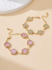 2pcs Luxurious Elegant Lucky Sweet Sparkling Soft Pink Clover Women Bracelet Set, Stackable/Versatile - Pink - View 4