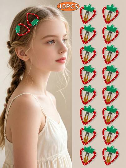 10pcs Cute Fruit Oil Drop BB Hair Clips, Strawberry Hair Clips For Bangs & Flyaways, Girls Accessories