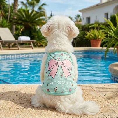 Cute Ice Cream Print Pet Vest Top, Bow Decor, Breathable Comfortable Pet Clothes, Suitable For Small Dogs And Cats In Summer