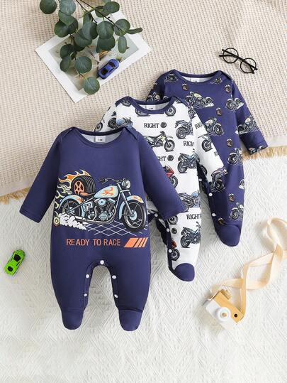 Bộ 3 món áo liền quần in hình xe đua cho bé trai sơ sinh, dễ thương và thời trang, phù hợp cho mùa xuân, hè và thu.