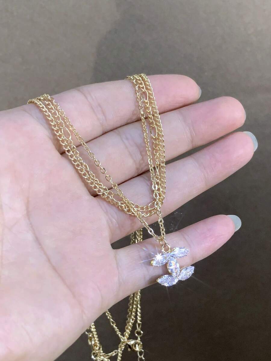 LADYCOCO 3件套时尚优雅不锈钢链镶钻吊坠项链套装，适合女性佩戴