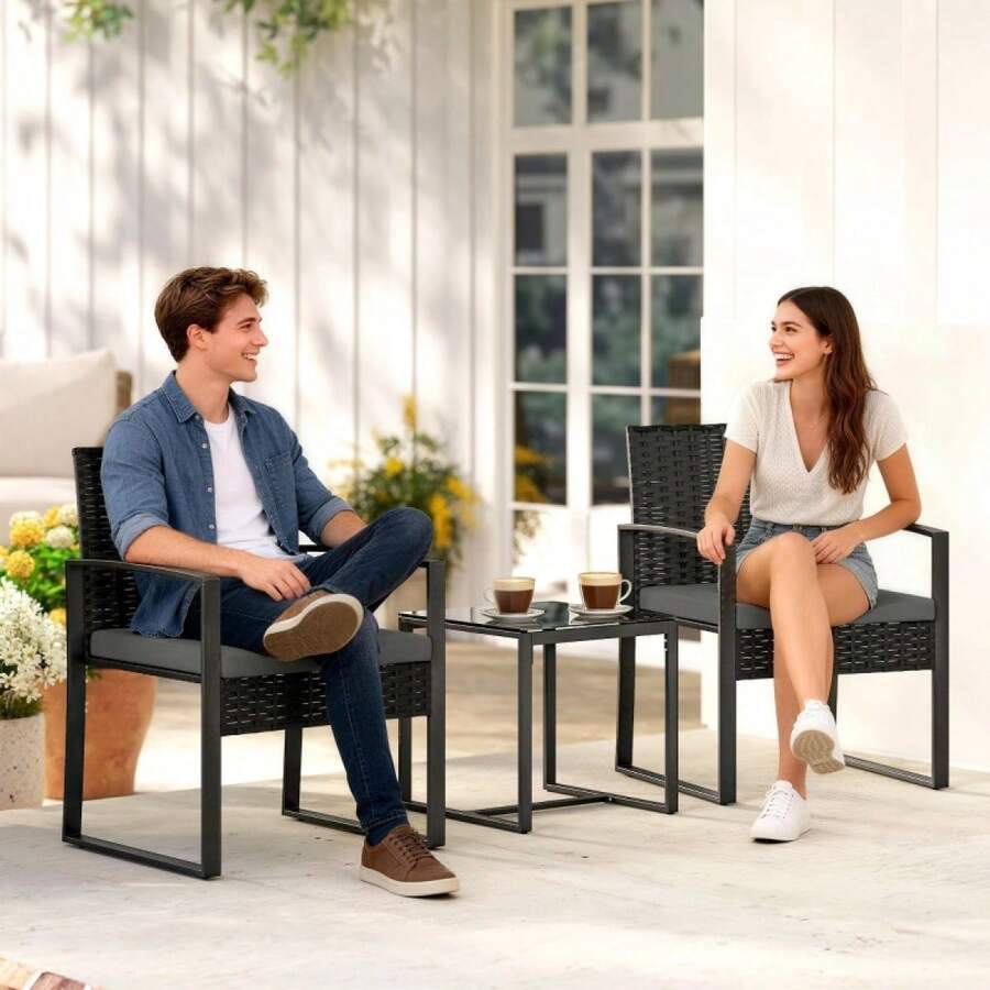 3-Piece Balcony Furniture Set / Rattan Bistro Set / 3-Piece Garden Furniture Set / With 2 Garden Chairs And Coffee Table / Removable Cushions, Load Capacity 120 Kg / For Balcony & Terrace - Dark Grey - View 1