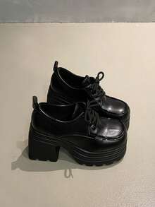 Women's Patent Leather Platform Oxford Shoes, Chunky Block Heel Lace-Up Goth Shoes, Black Platform Pumps - Matte Black - View 6