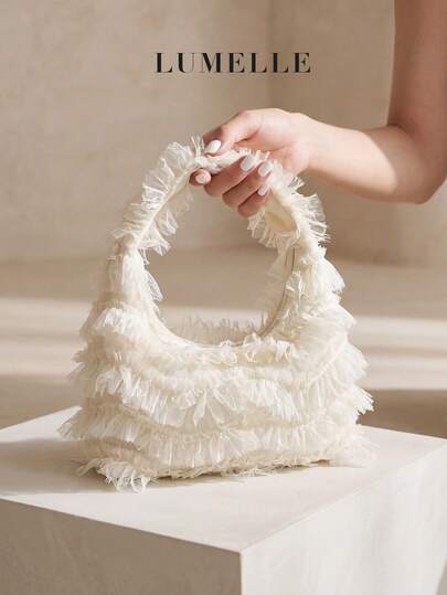 Cream Lace Fringe Hobo Purse, Layered Mesh Top Handle Bag For Vacation & Clubwear