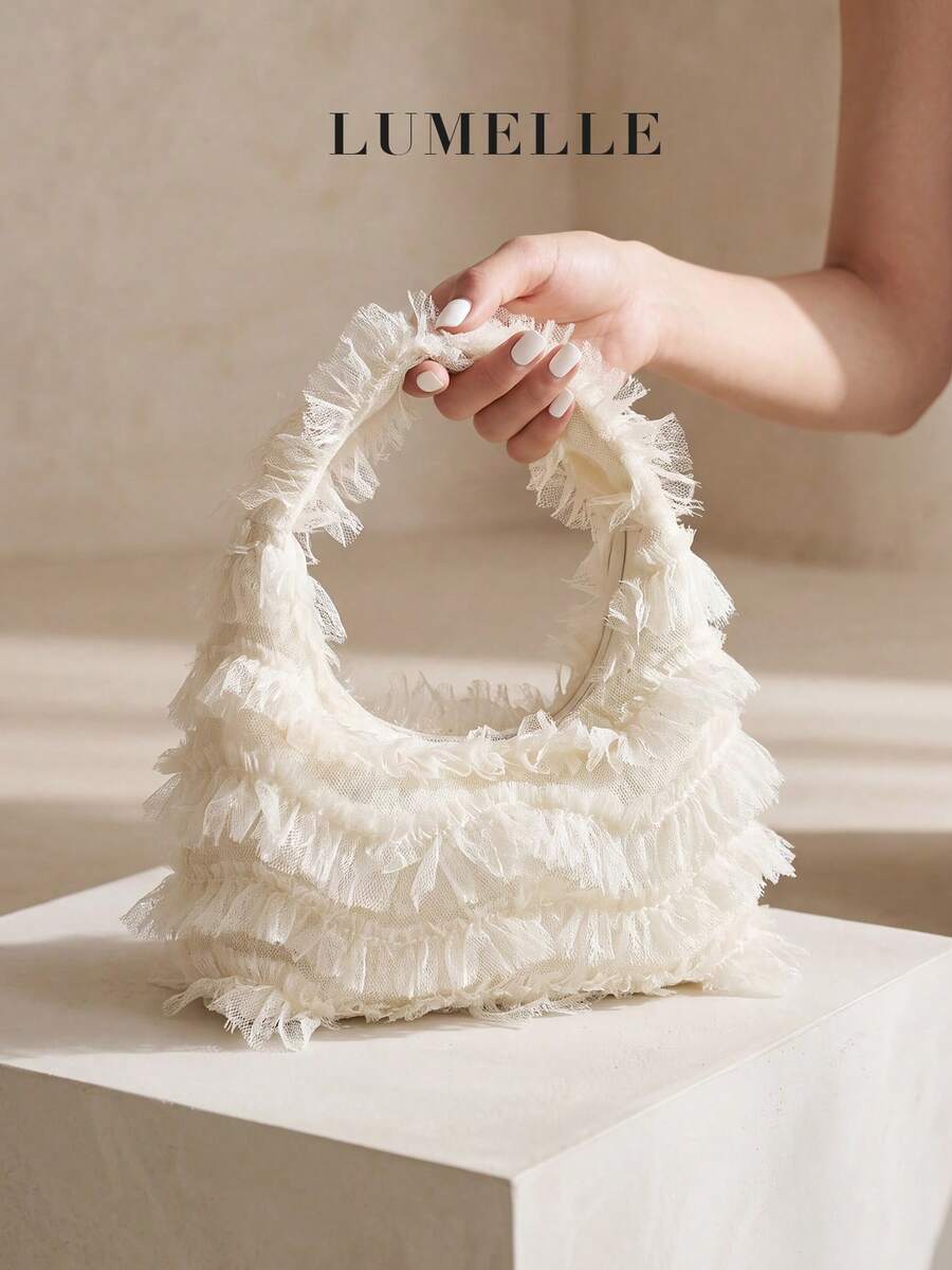 Cream Lace Fringe Hobo Purse, Layered Mesh Top Handle Bag For Vacation & Clubwear - Apricot - View 1