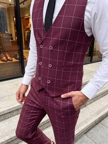 3 Pieces Men's Plaid Suit Set Slim Fit Checked Formal Blazer Vest Pants For Wedding Business Party Casual Tuxedo - Màu Đỏ Sâu - Xem 2