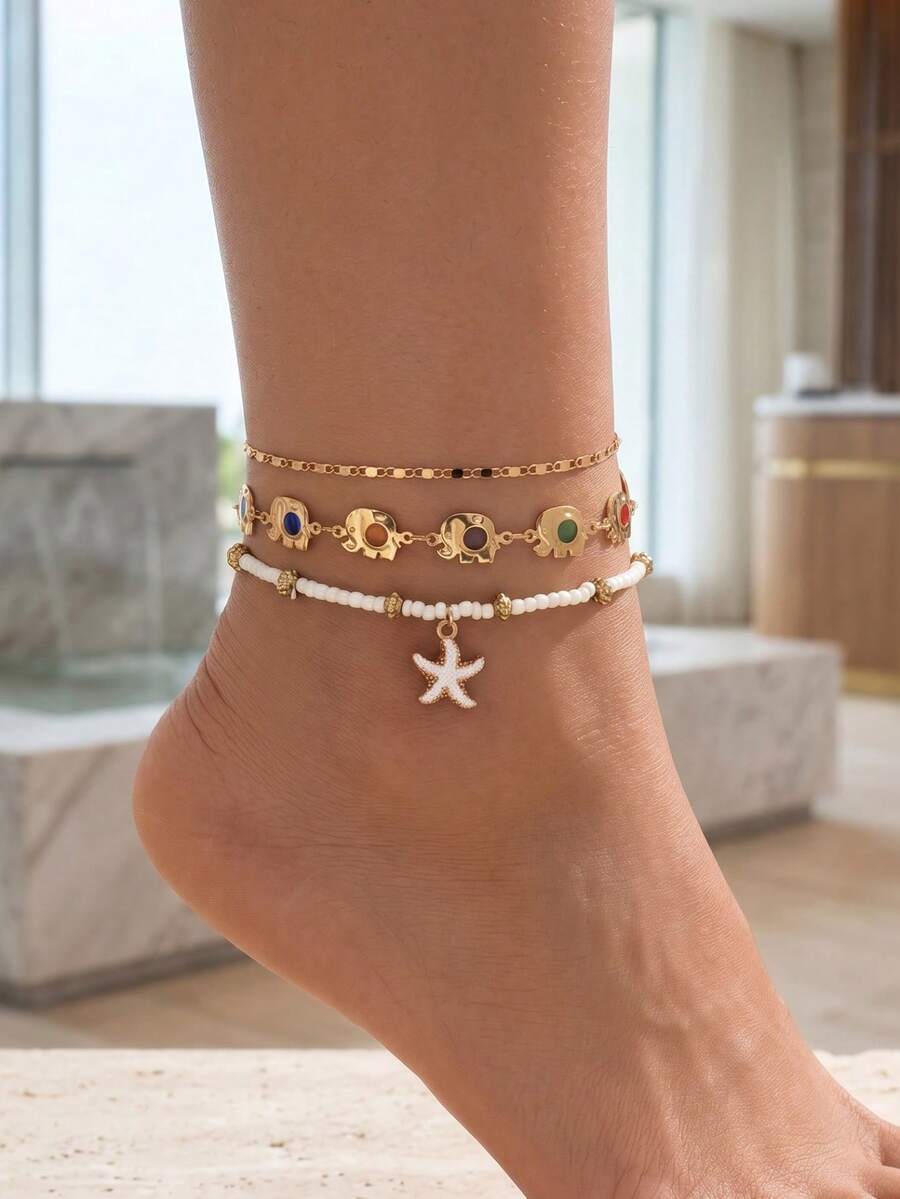 Set de 3 piezas Tobillera con cuentas de estrella de mar y conchas de estilo veraniego, cadena de cobre con cristales de moda hecha a mano, adecuada para uso diario, vacaciones, viajes y compras. La cadena de cristales se puede cortar a la longitud deseada, el número y la disposición de color de las cuentas es aleatorio. - Multicolor - Ver 1