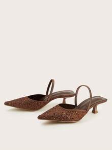 Women's Rhinestone Decor Luxury Kitten Heel Pointed Toe Slip-On Sandals, Shiny Material, Fashionable & Elegant For Party And Formal Dress, Low Heel - Brown - View 2