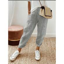 Loose Casual Women's Trousers With Jacquard Woven Stripes And Patchwork Design, Ideal For Summer - Black - View 7