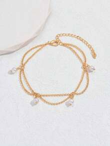 1pc Simple Bohemian Style Faux Pearl & Clover Decor Anklet For Women, Vacation/ Daily Wear/Festival/Date/Wedding Accessory Valentines,Mom,Mother,Mother's Day,Gift - Yellow Gold - View 4
