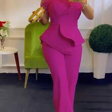 Plus Size, Off-Shoulder Casual High-Waisted Plus-Size Wide-Leg Jumpsuit - Green - View 4