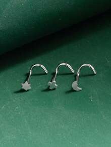 3 chiếc khuyên mũi tối giản, thép không gỉ 316L hình lục giác, hình ngôi sao/mặt trăng/thập tự, unisex. - Bạc - Xem 1