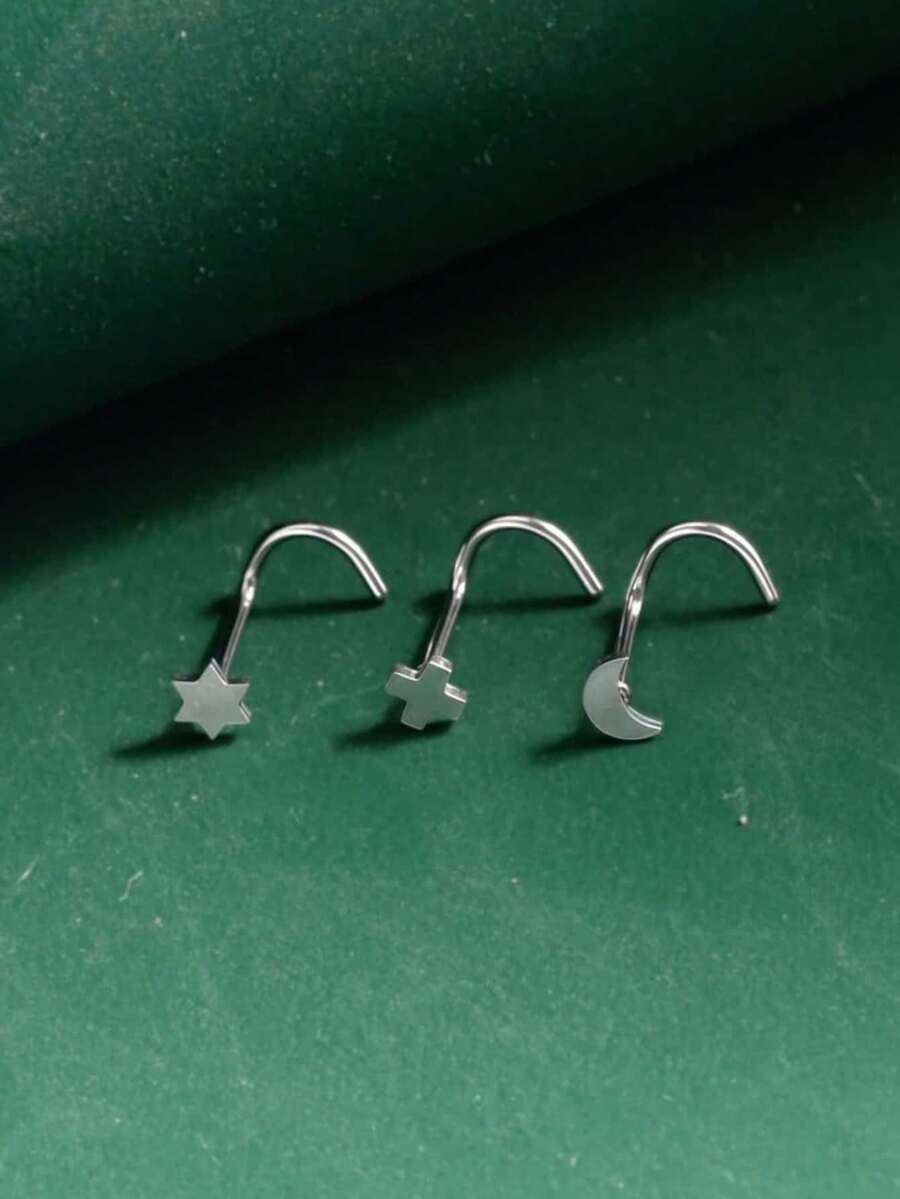 3 chiếc khuyên mũi tối giản, thép không gỉ 316L hình lục giác, hình ngôi sao/mặt trăng/thập tự, unisex. - Bạc - Xem 1