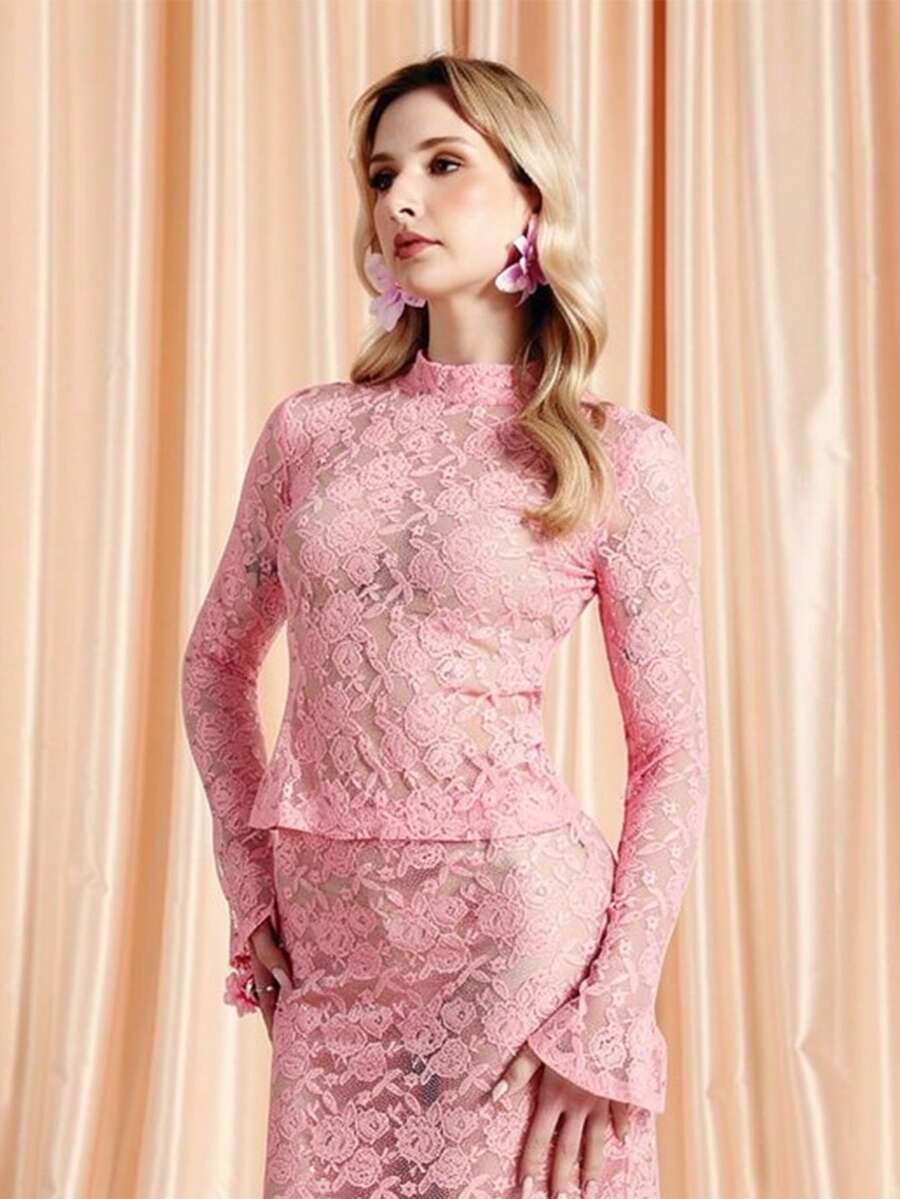 OverBlushhh Vestido midi de manga larga con cuello alto, espalda abierta, lentejuelas y encaje con strass rosa para mujer, elegante para fiestas, bodas y eventos de primavera y verano - Rosa - Ver 1