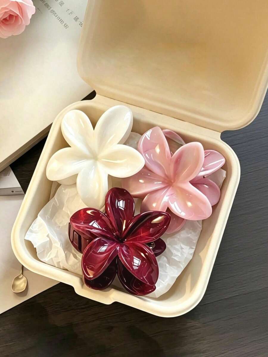 3pcs/1 Peça 3.26in/8.3cm Presilhas de Cabelo de Plástico em Formato de Flor Vermelho Vinho, Branco, Rosa, Elegante, Minimalista, Versátil, Adequado para Uso Diário, Casual, Festa, Deslocamento, Férias, Rabo de Cavalo, Coque, Lavar o Rosto, Maquiagem, Acessório de Roupa Vacay Praia Presilhas de Garra - Multicolorido - Visão 1