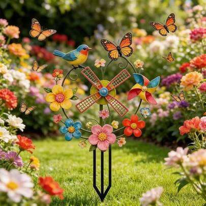 1 pieza Molinillo de viento con estampado de flores y pájaros soñadores, decoración de estaca de jardín, estilo campestre, estampado de pájaros, flores y mariposas, contraste colorido, resistente al agua y a la intemperie, decoración para patio, jardín, césped, regalo para ocasiones especiales