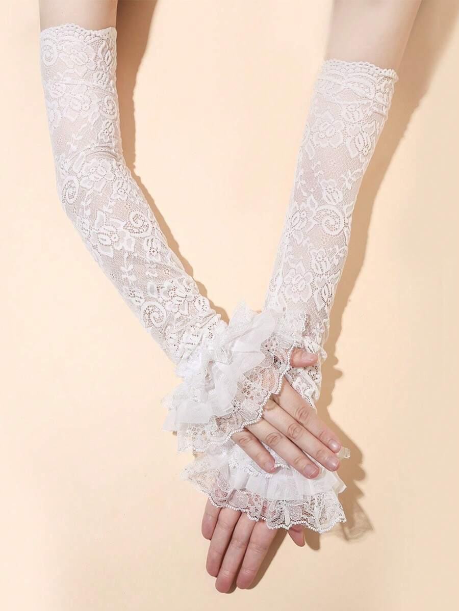 1双女士白色蕾丝长袖手套,优雅时尚新款新娘白色手套,轻盈透气网眼手套,适合节日、派对等场合 - 白色 - 查看 1