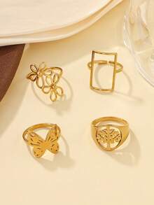 4pcs Stainless Steel Gold Rectangular, Flower, Butterfly, Tree Ring Set, Gift For Valentine's Day, Mother's Day - Yellow Gold - View 3