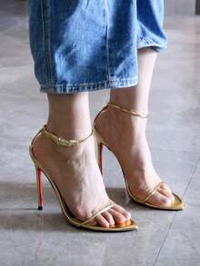 Sandal cao gót nhọn siêu mỏng bằng kim loại 12cm, kiểu dáng tối giản, gợi cảm, cỡ lớn, phong cách Châu Âu và Mỹ. - Vàng - Xem 2