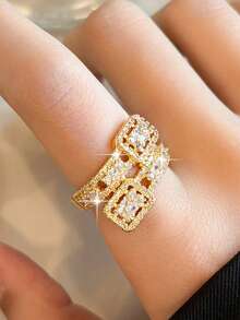 jealous young 1 pieza Anillo abierto de geometría con circonita cúbica empotrada, estilo vintage dorado chapado en oro, para mujer, accesorio de moda, adecuado para boda, fiesta de vacaciones, uso diario, todo el año - Amarillo Oro - Ver 2