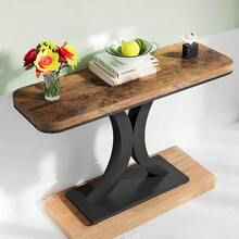 Industrial Console Table, 100cm Narrow Hall Table With Geometric Base, Rustic Hallway Side Table For Living Room, Entryway - Vintage Brown + Black - View 9