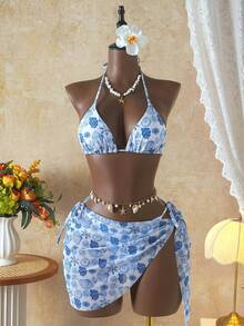 Damen 3-teiliges Badeanzug Set, trägerloses Bandeau Bikini, Insel Strand Resort Urlaub Sommer - Blau - Übersicht 2